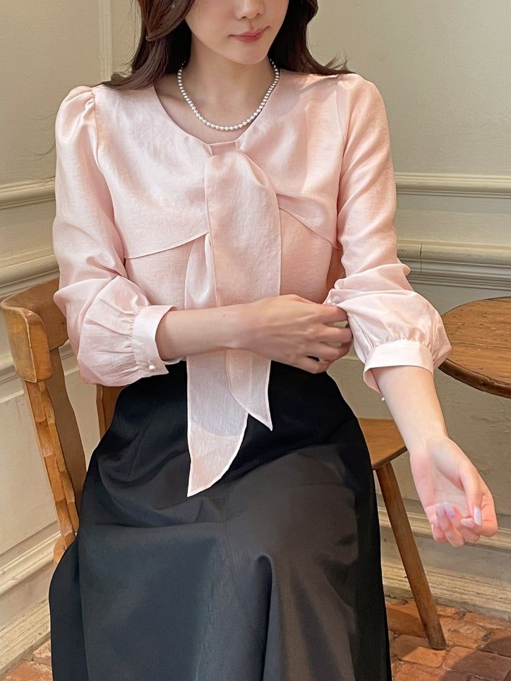 Marron Volume Ribbon Puff Blouse