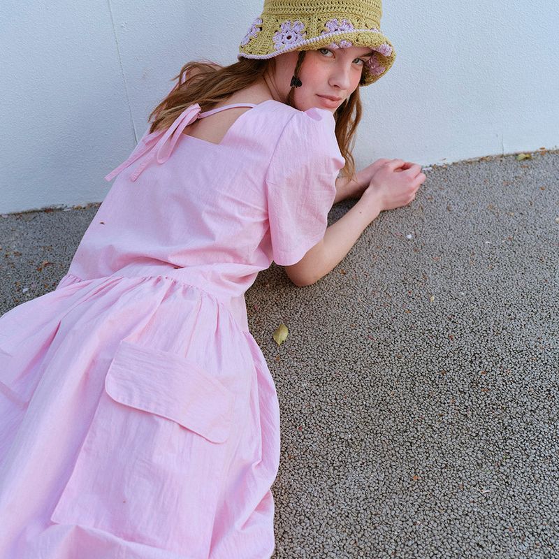  SQUARE NECK POCKET DRESS, PINK
