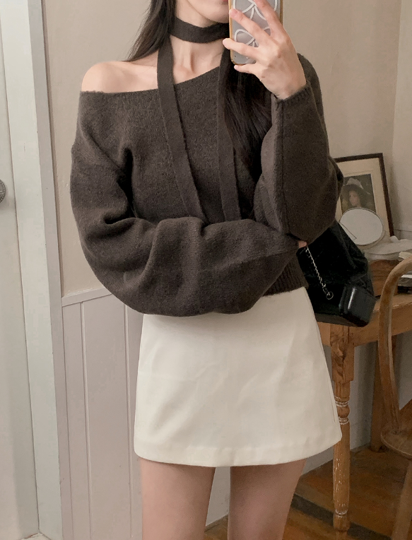 PV One Shoulder Knit + Tie Set (6color)