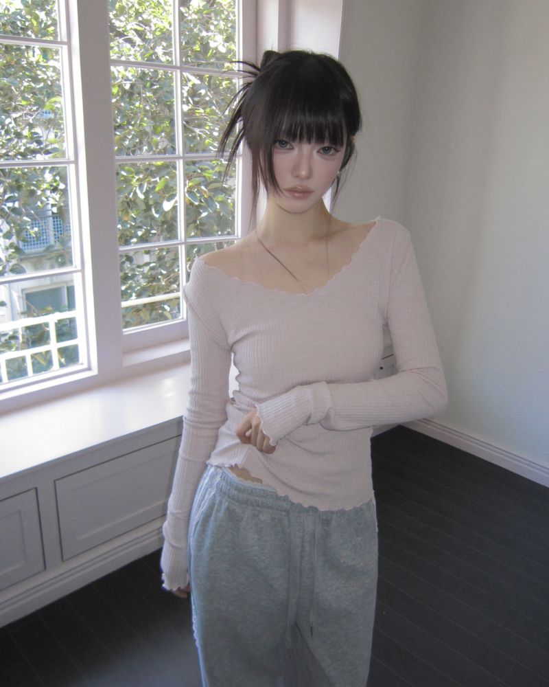 シャレル フリル Vネック ロングスリーブ Tシャツ