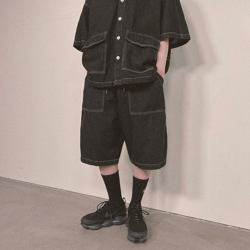 denim stitch shorts_black