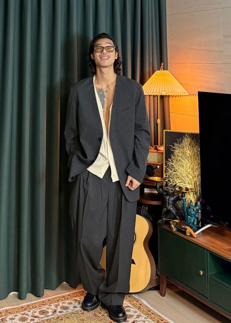 No-Collar Striped V-Zip Slacks 2COLOR