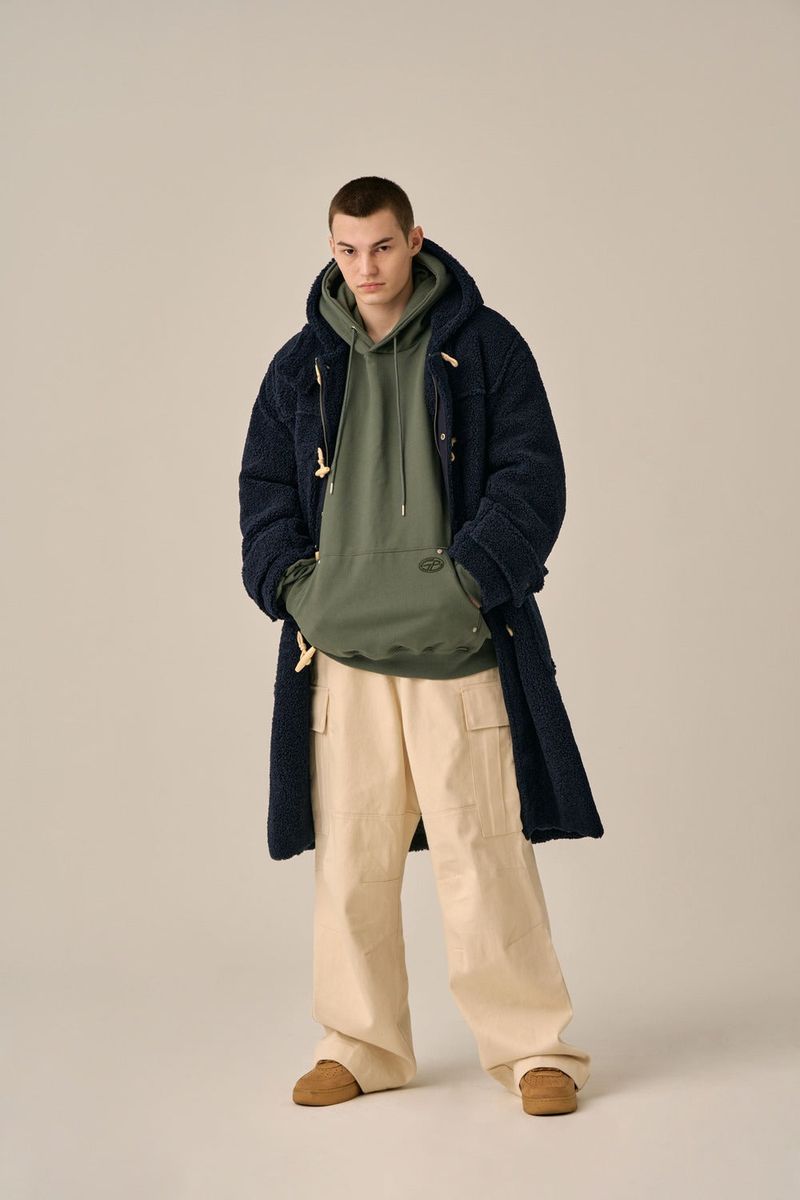 DUFFLE FLEECE HOODED COAT - NAVY