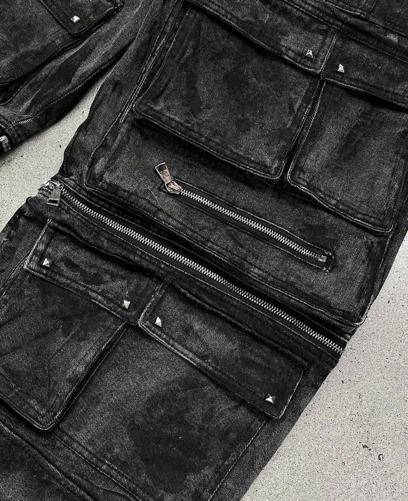 WASH-DENIM CARGO PANTS MULTI POCKET (Black)