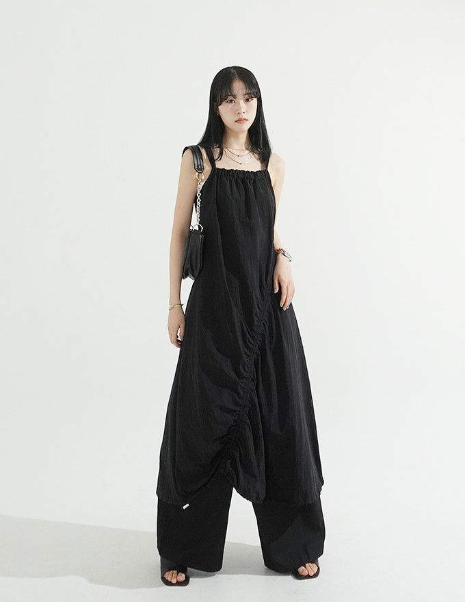 String Shirring Balloon Long Dress