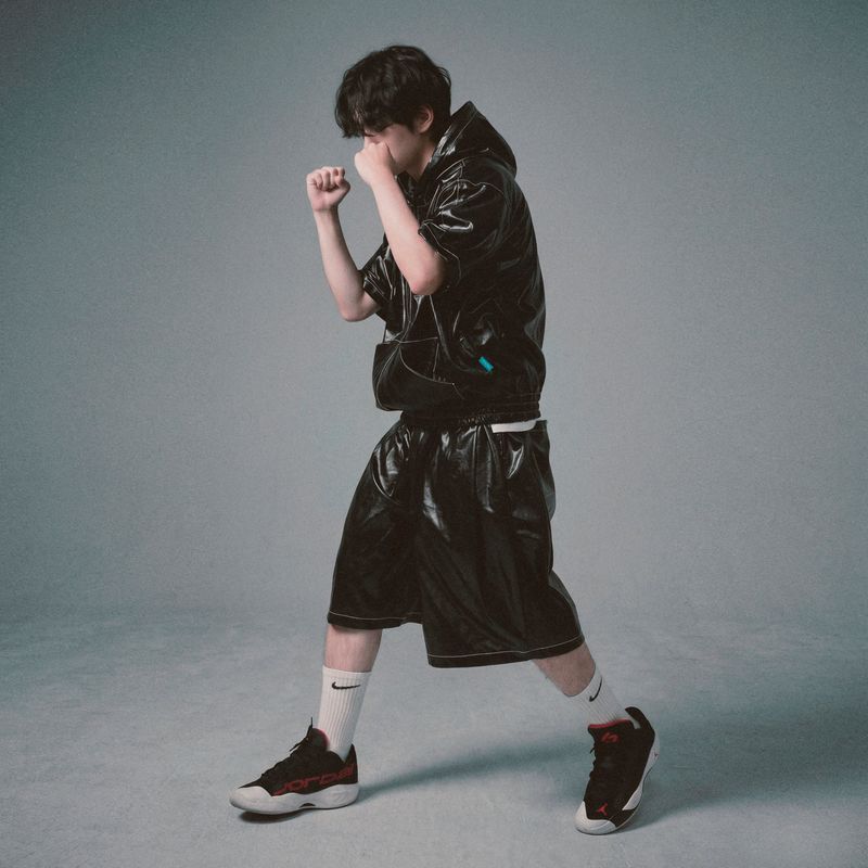 glossy faux leather hood zip-up hoodie_black