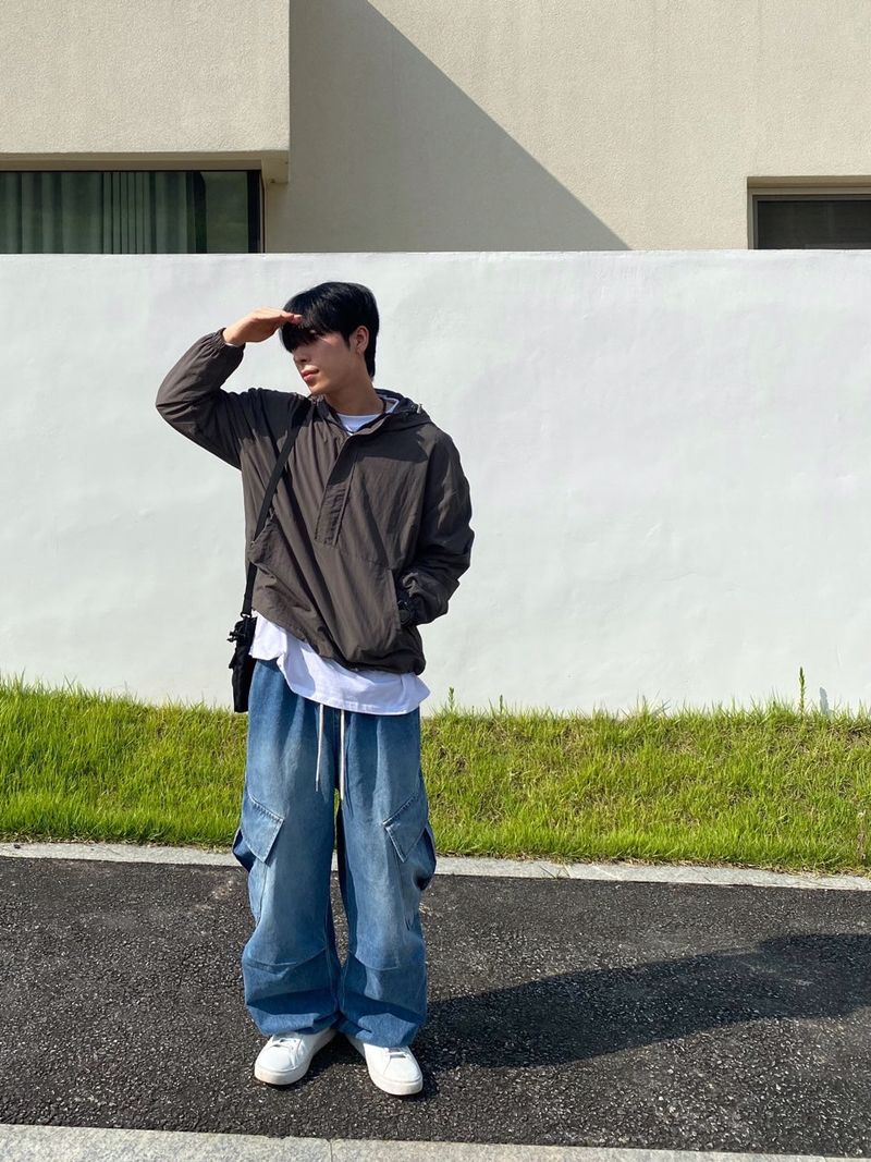 Washing diagonal balloon cargo denim pants 2C