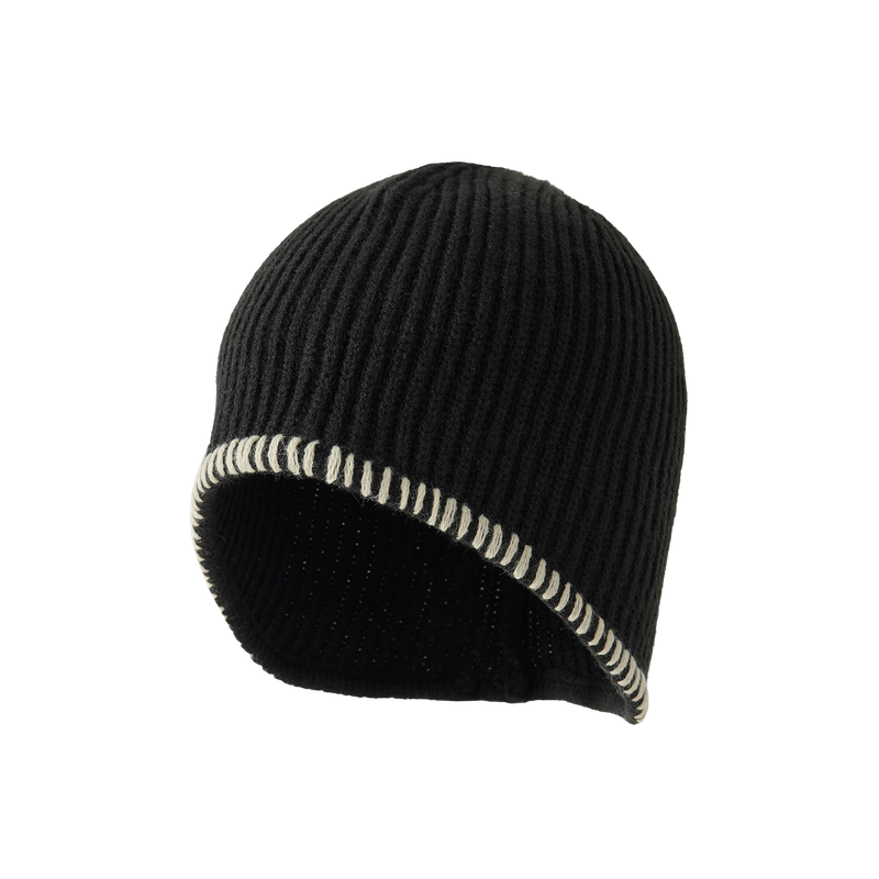 Contrast Stitch Earflap Knit Beanie - BLACK