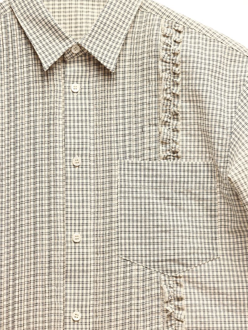 6CRAYON Retro Off-White Plaid Cotton Peplum Blouse