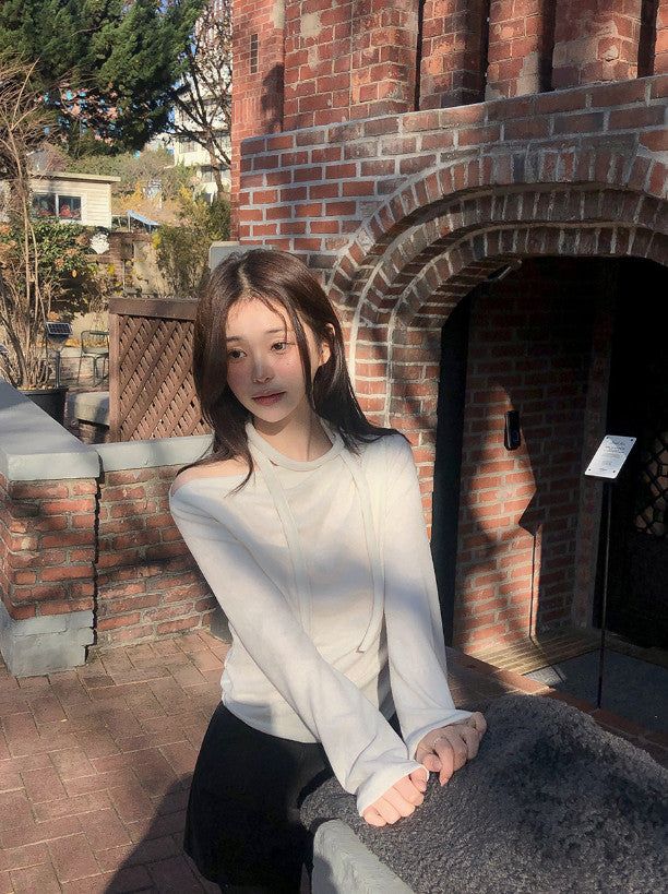 Drape One Shoulder Warm Knit +Tie Set (5color)