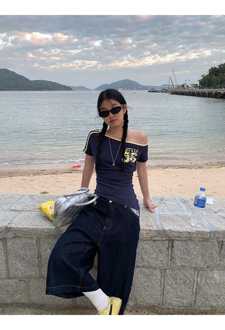 Checked pocket dark blue wide cropped denim