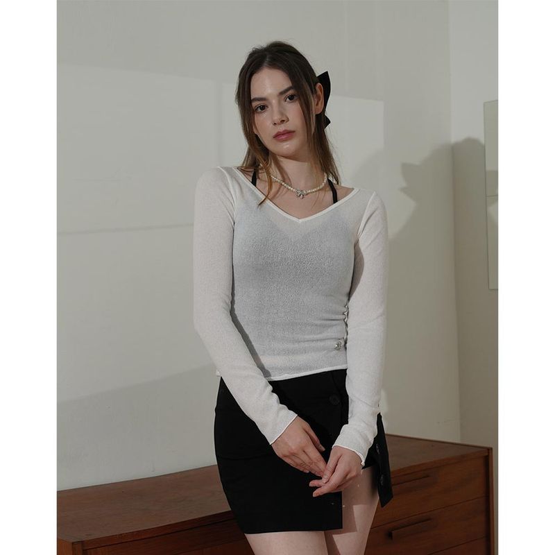 V NECK SLIM KNIT-IVORY