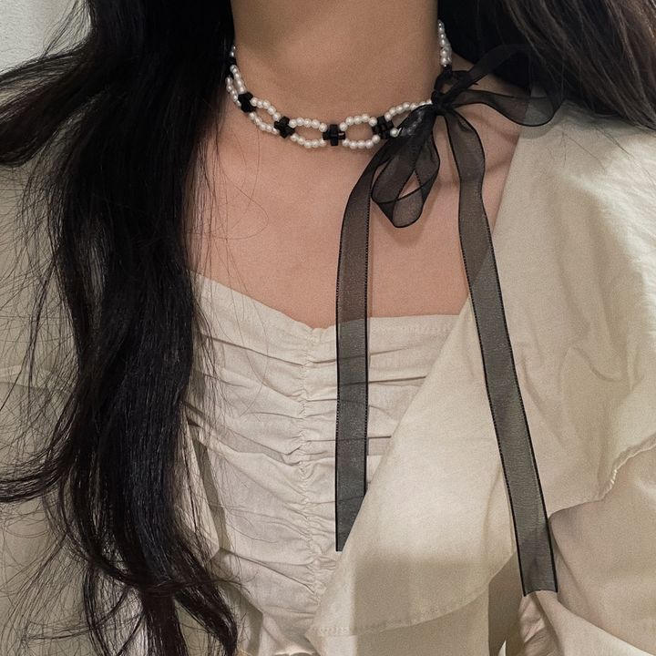 mix pearl ribbon tie choker