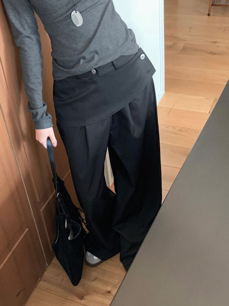 Close Pintuck Wrap Two Button High Waist Long Wide Pants