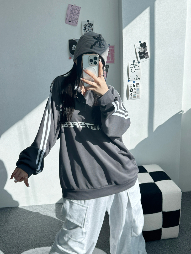RAGLAN THREE-STRIPE COLLAR SWEATSHIRT🖤🩶🤍 - 3 COLORS