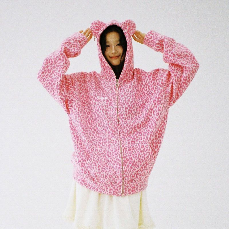 Teddy Leopard Zip-Up Hoodie – Pink