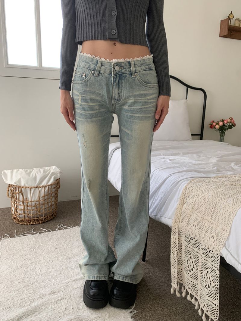 Touch Lace Trim Light Blue Bootcut Denim Pants