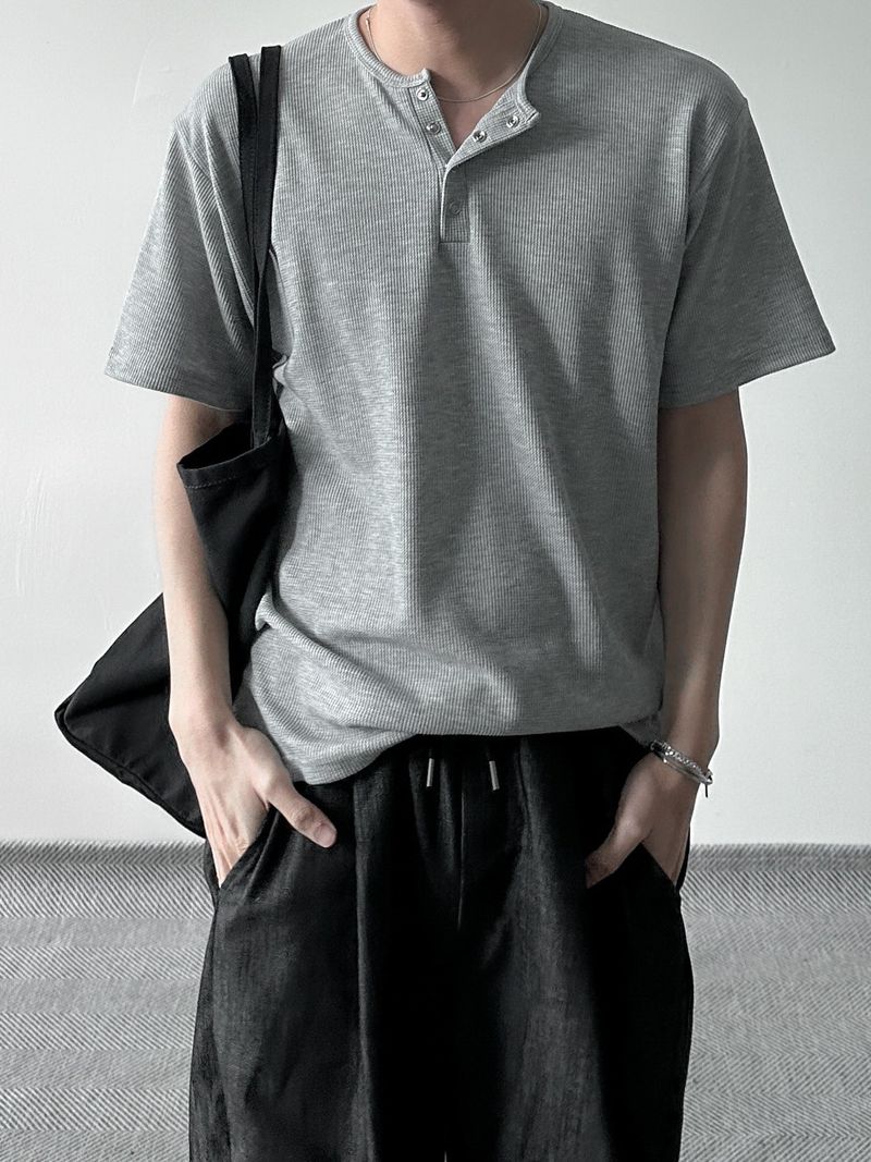 ワッフルヘンリーネックハーフTシャツ