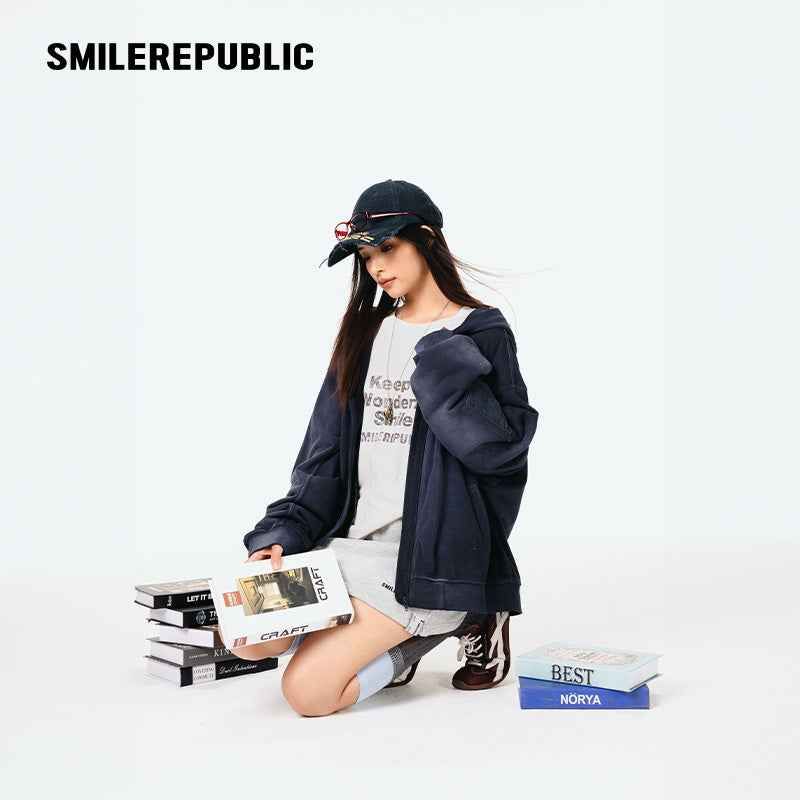 Distressed Cotton Rhinestone Embellished Full Zip Hoodie with Utility Sleeve Pocket, Oversized Streetwear Style