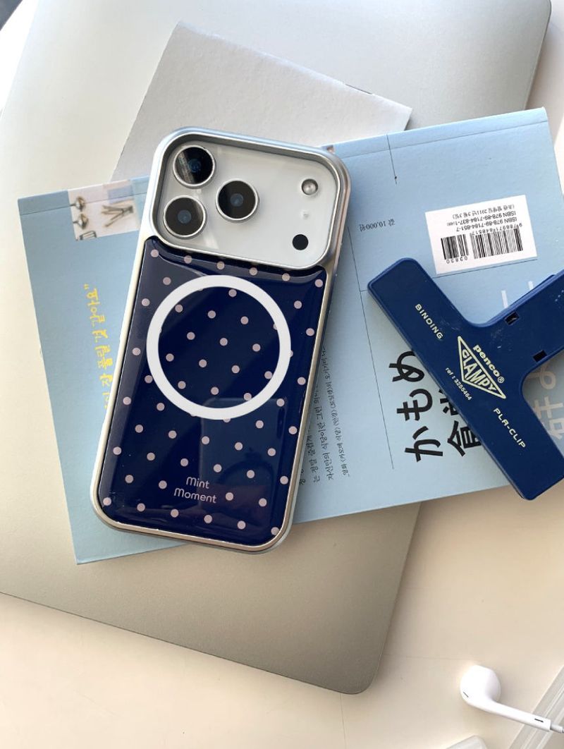  [MADE]ネイビーピンクドット エポキシ シルバー MagSafe iPhoneケース