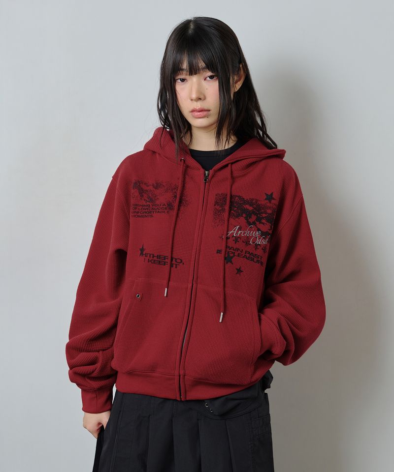 ODDSTUDIO（オッドスタジオ）の「Pain Past Graffiti Waffle Hoodie Zip-up - RED（Tops）」