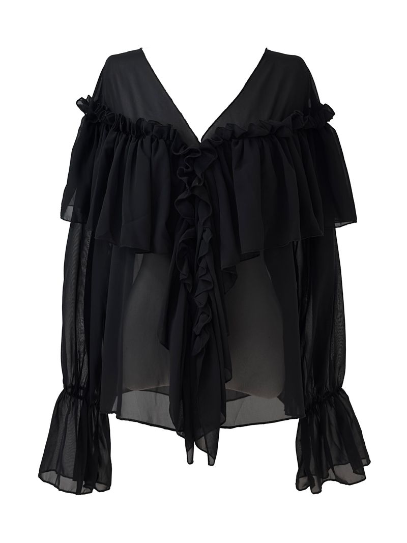 chiffon ruffle v-neck sheer blouse (2color)