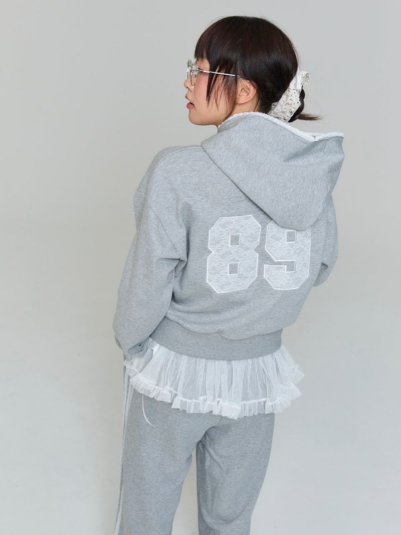 LACE APPLIQUE HOOD ZIP-UP - GRAY