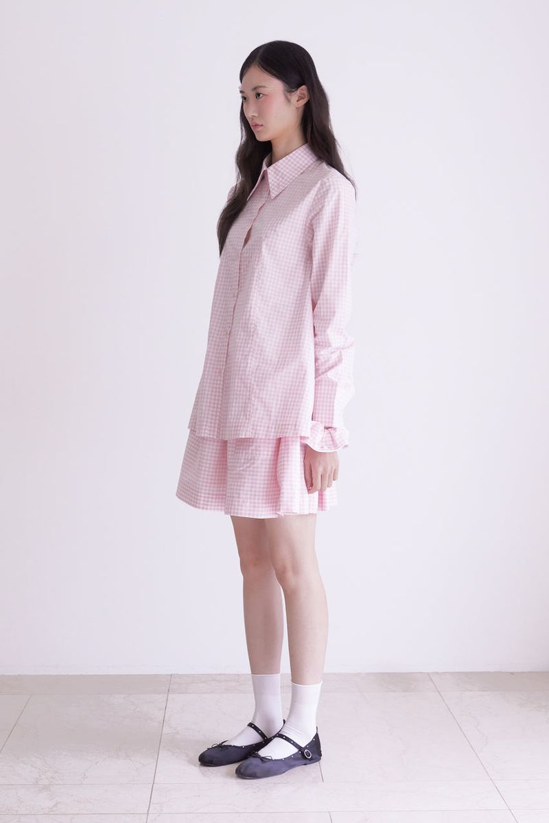Gingham check pocket shirring mini skirt (PINK)
