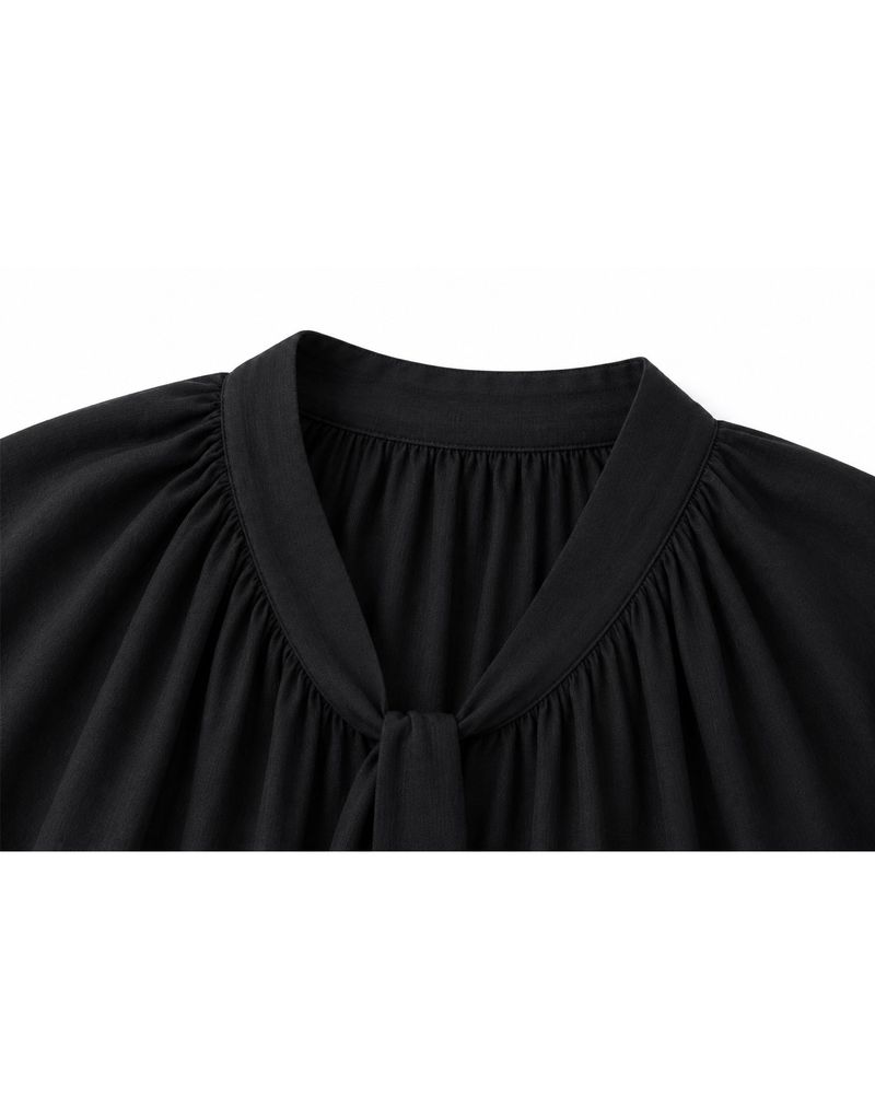 Leonie V-Neck Cape Tie Button Blouse Black