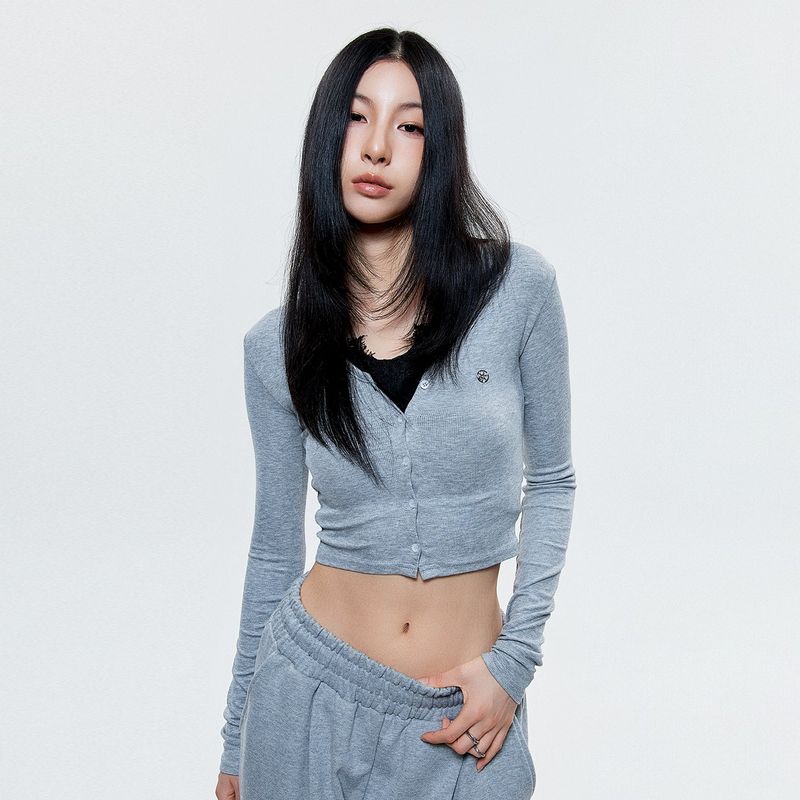 (DUC) V-Neck Crop Cardigan Gray