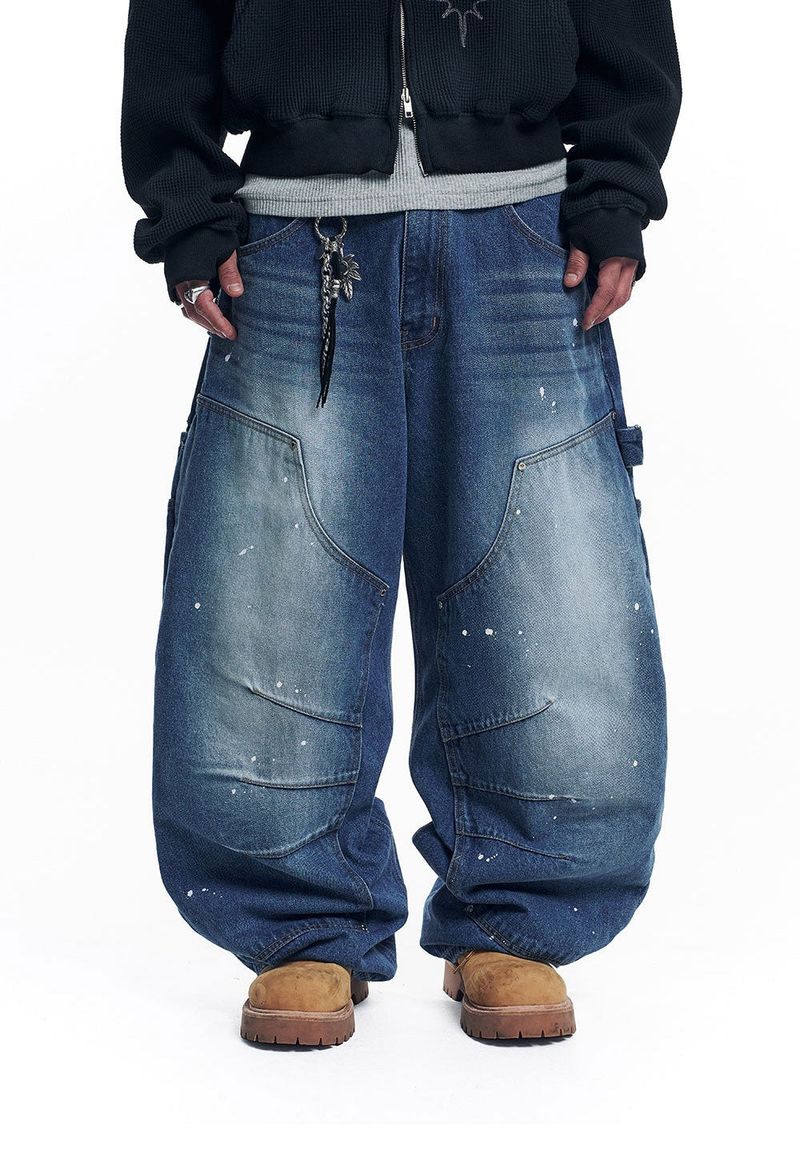 Curved Double Knee Denim Pants - Deep Blue