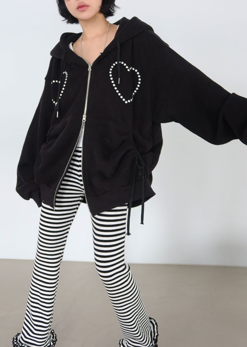 Wool napping heart wrinkle shirring hooded zip-up