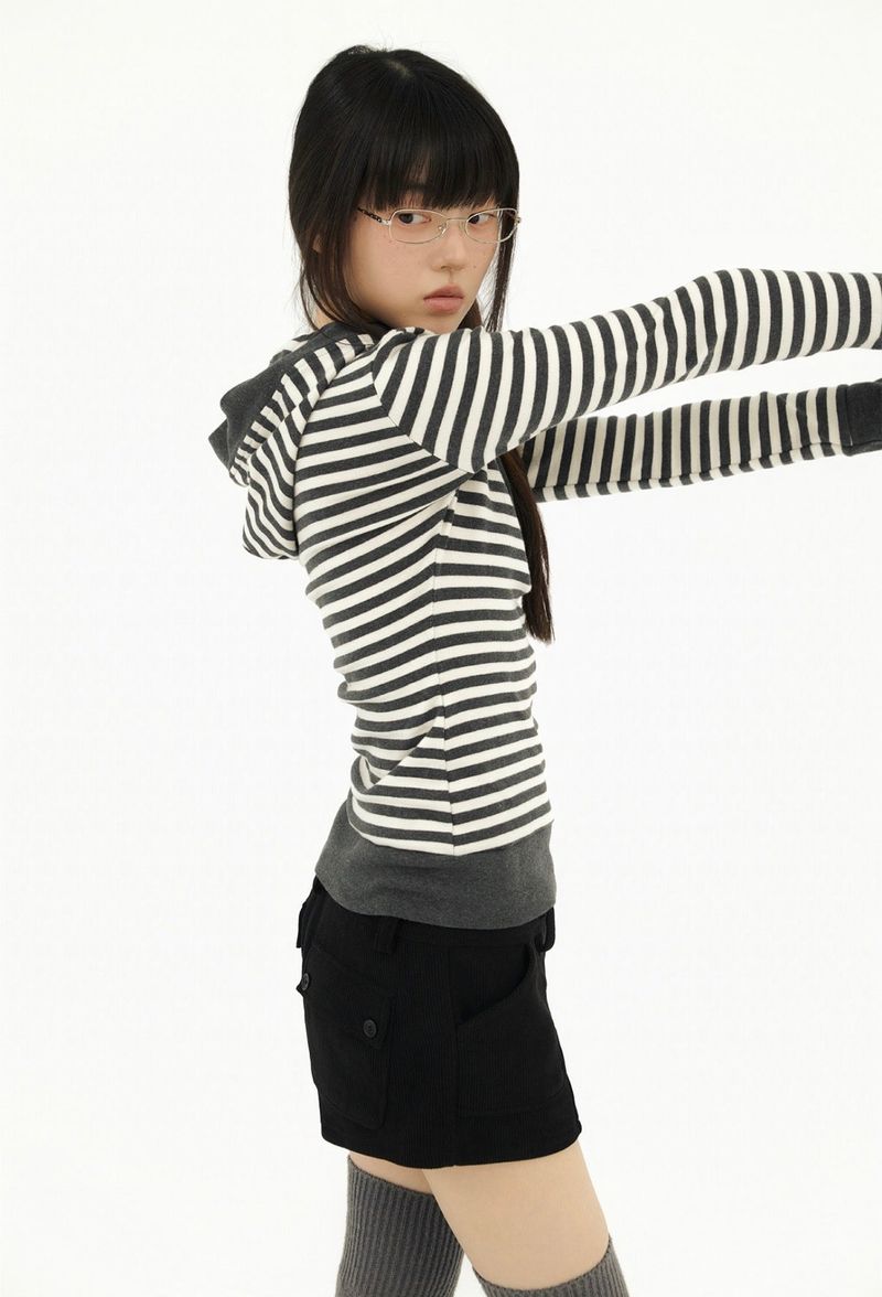 STRIPE LINE HOODIE T-SHIRT CHARCOAL