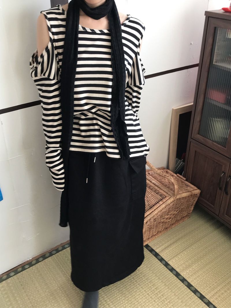 shoulder slit loose stripe long sleeve