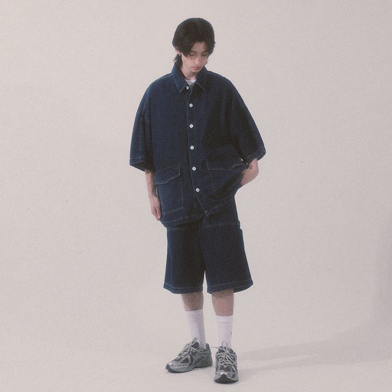 denim stitch shorts_blue