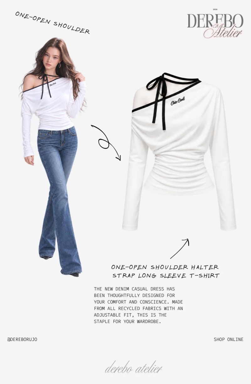 One open-shoulder halter strap long-sleeve tee 