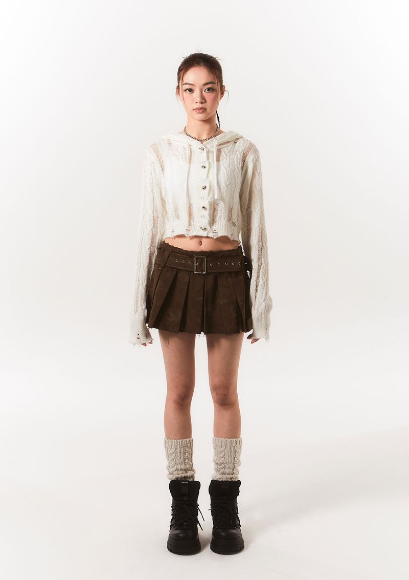 rough belted pleats sk - brown