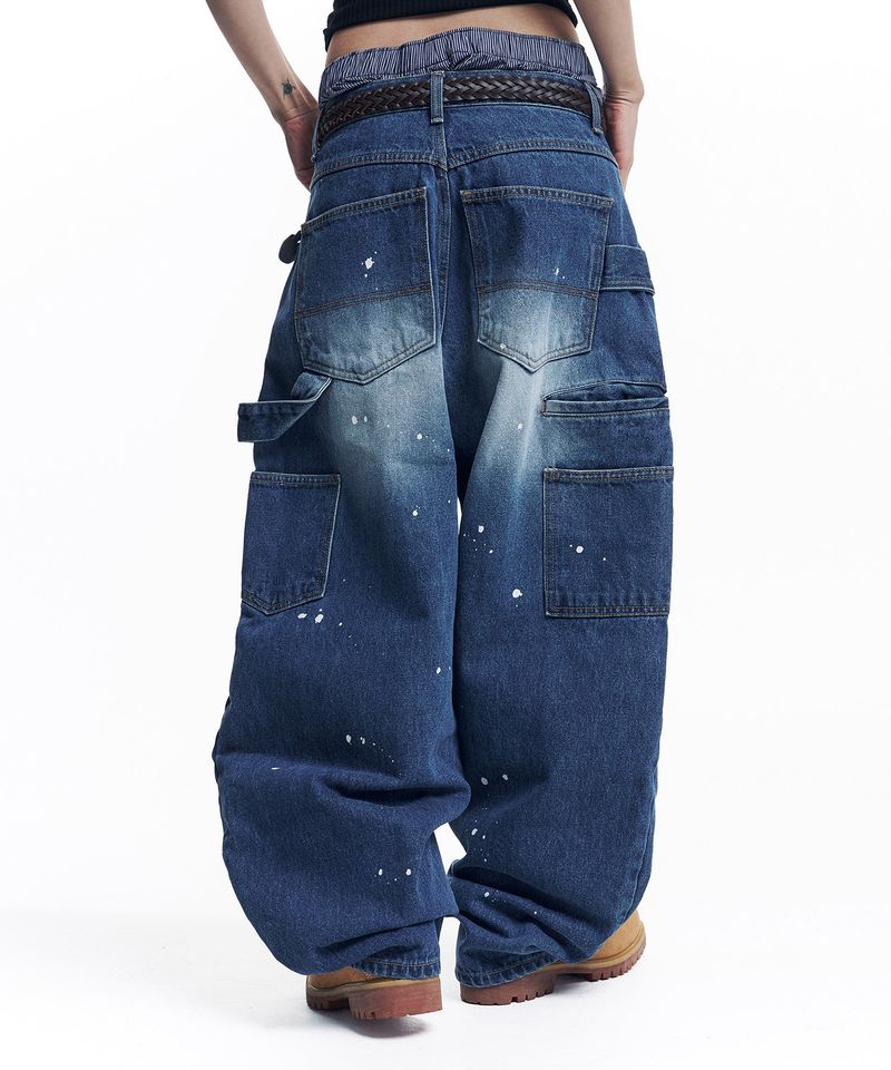 Curved Double Knee Denim Pants - Deep Blue