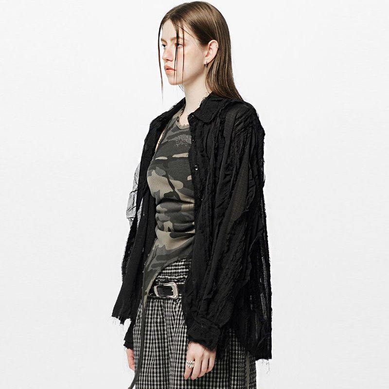Raw Edge Detail Ruffle Shirt _ Black