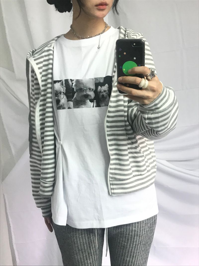 Stripe Semi-Crop Hooded Zip-Up