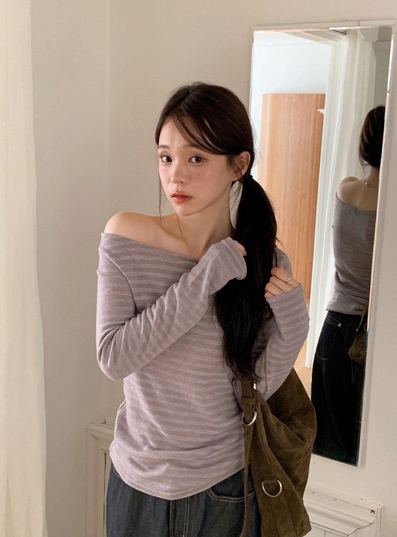 SHOPPERLAND(ショッパーランド)の「ボーダーボートネックワンショルダーニットTシャツ(2color)(トップス)」