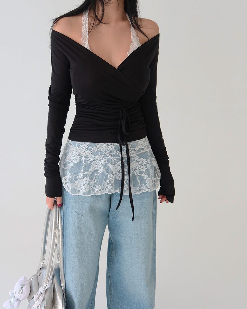 Deep V-neck Off-Shoulder Wrapped Shirring T-shirt