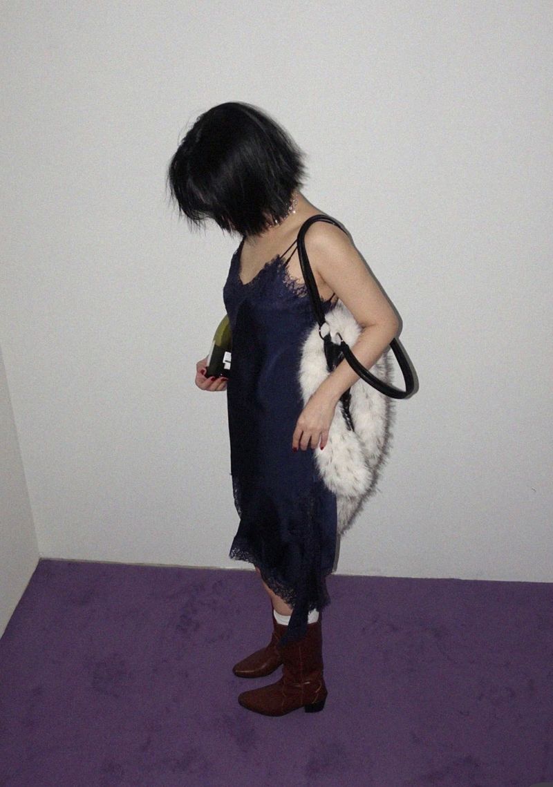 LACE SATIN UNBALANCE SLIP MINI DRESS (NAVY)