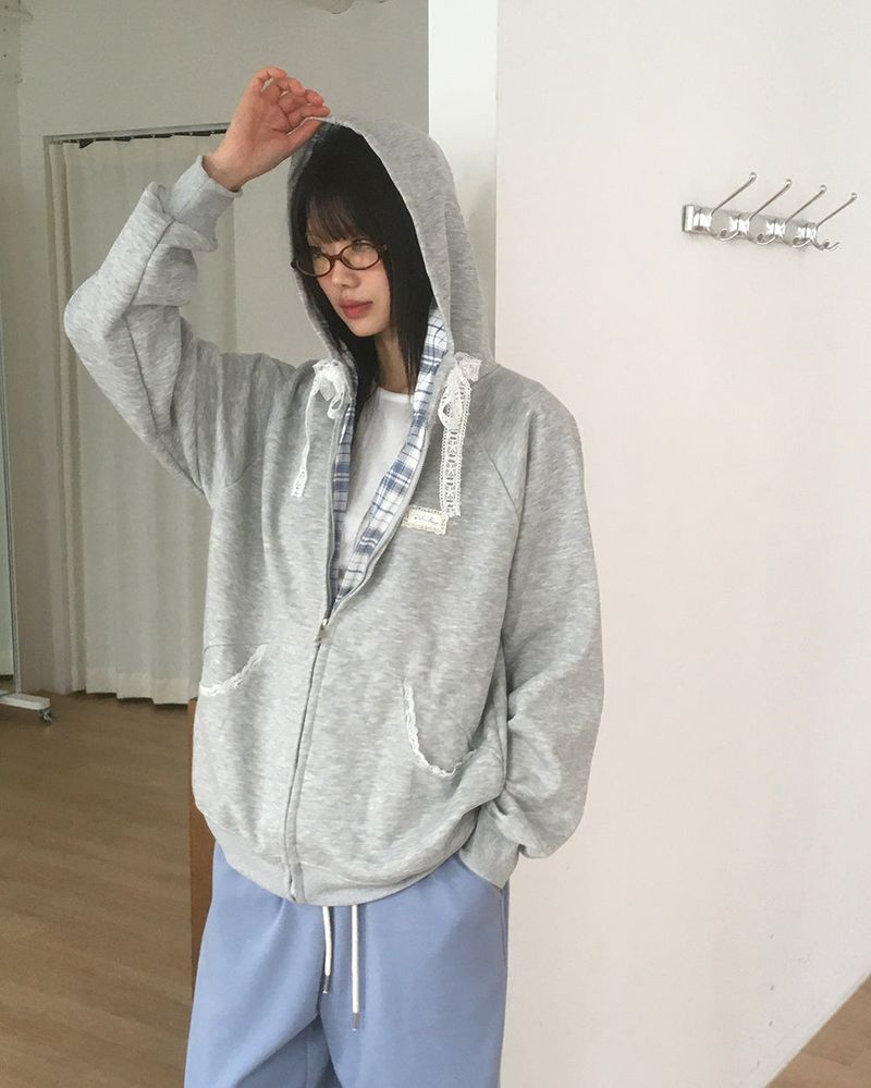 Kidder Check lace oversized-fit hooded zip-up