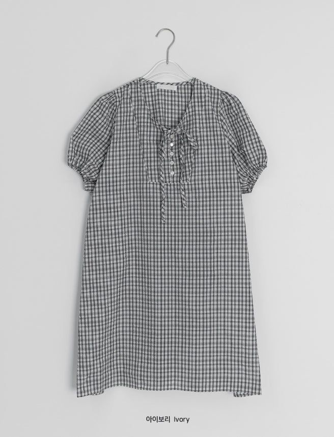 Zimo Check Button Puff Short Sleeve One Piece
