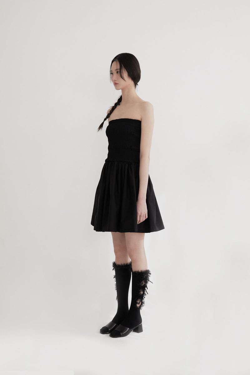Chiffon smock shirring dress (BLACK)