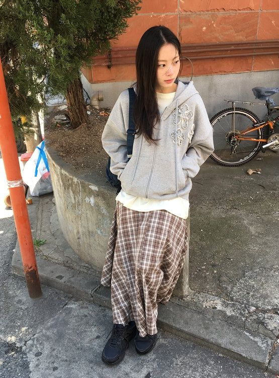 Hari Check Unbalanced Slit Long Skirt
