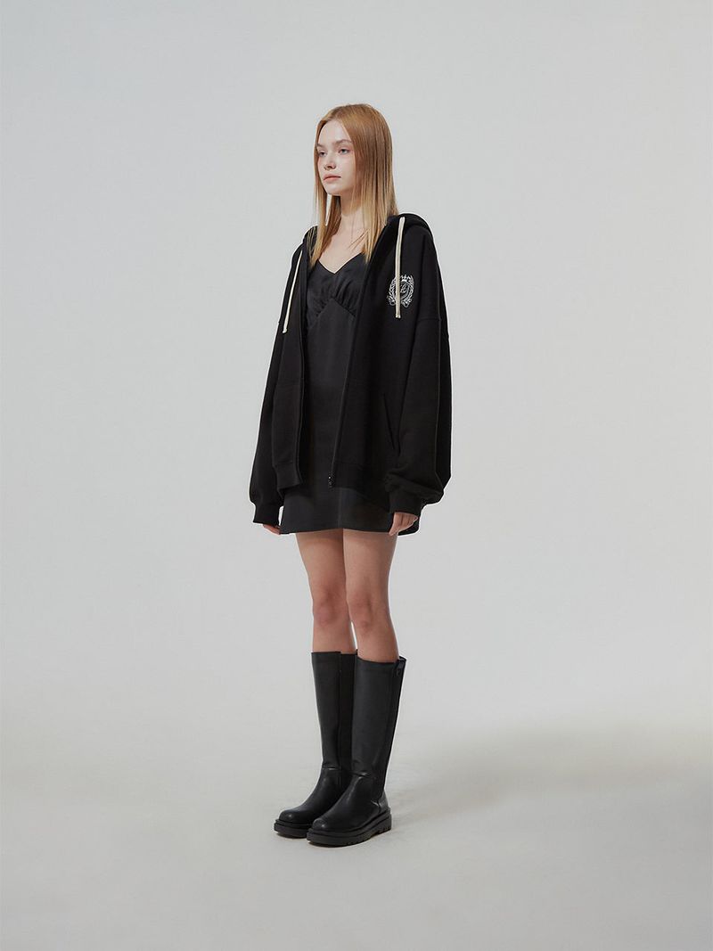 HEAVY WEIGHT OVERFITTED UNIVERSITY LOGO EMBROIDERY HOODIE ZIP UP_ BLACK