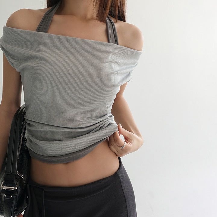 blitti（ブリッティ）の「[Letovi] Shirring Off-Shoulder Halter Neck Layered Short-Sleeve T-Shirt - 3 Colors（Tops）」