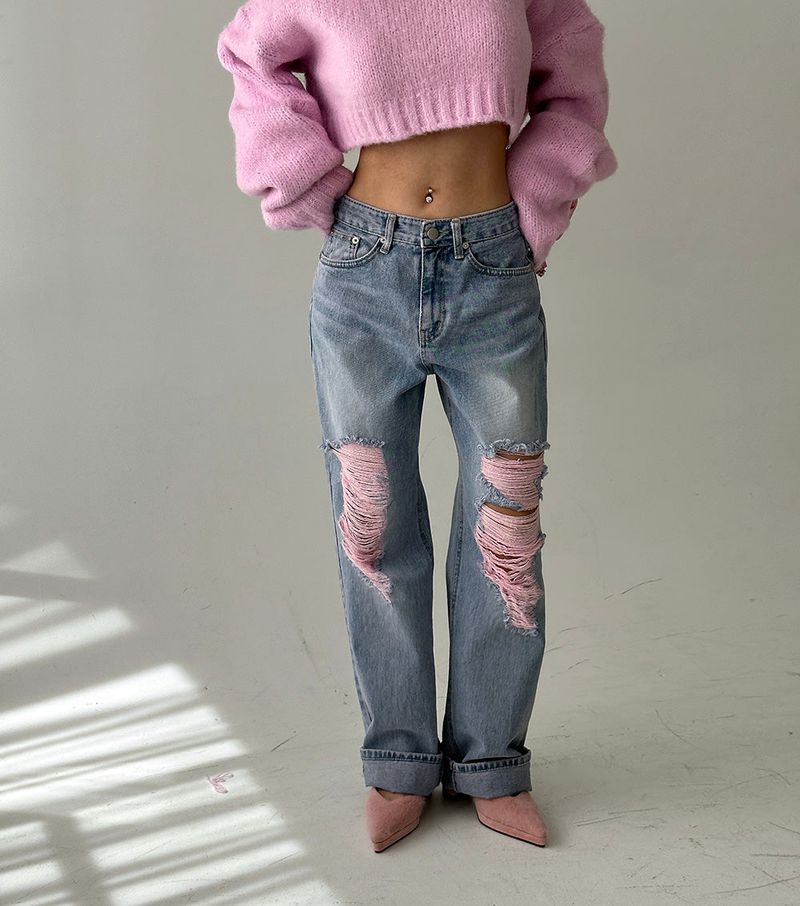 Pink Damage Wide Jeans